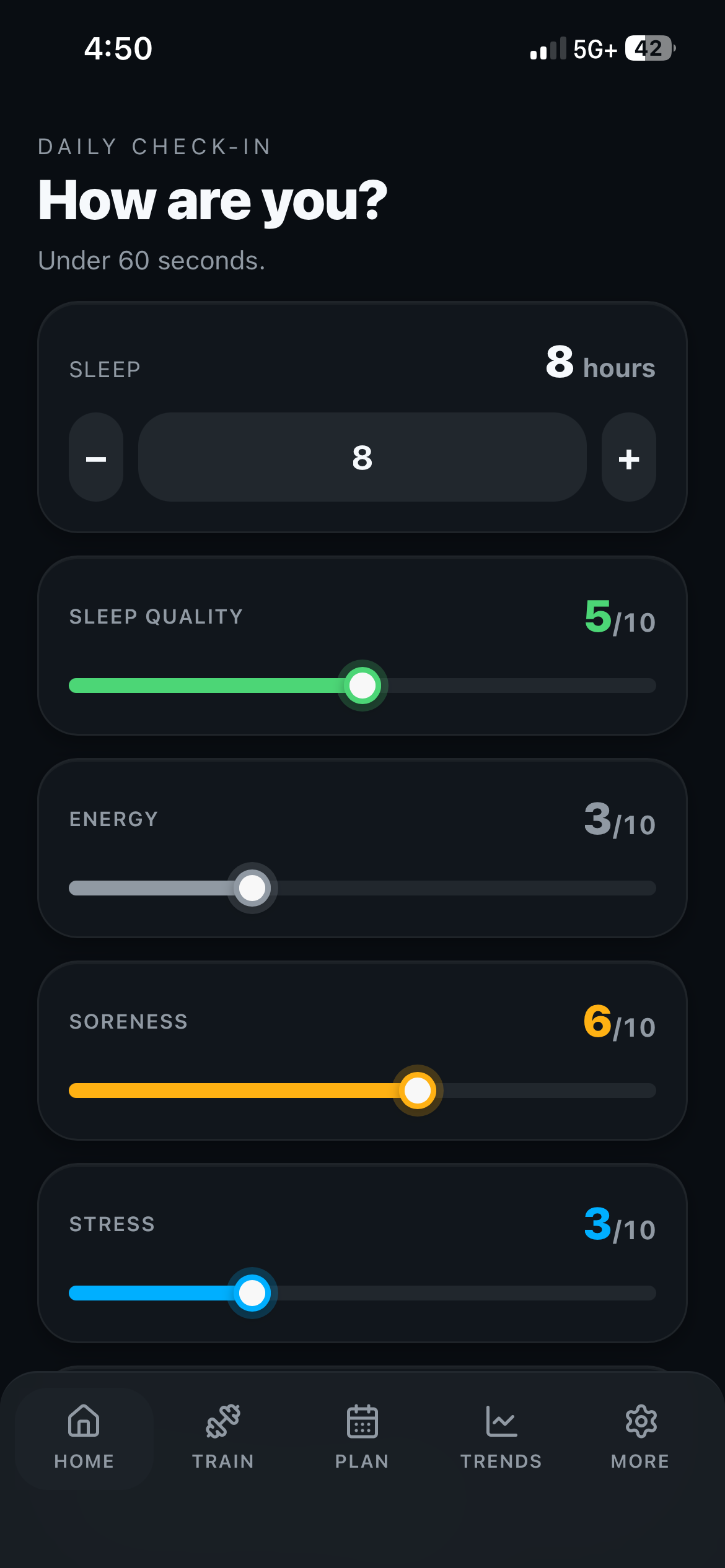 Dialed daily check-in screen with sleep, sleep quality, energy, soreness, and stress sliders